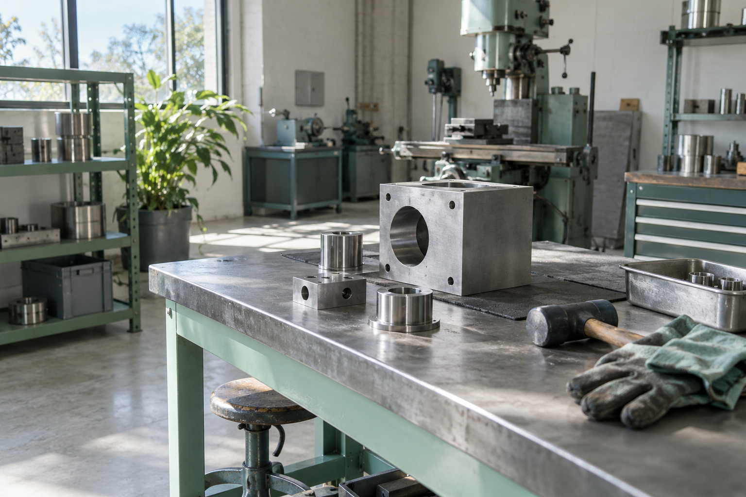 Illustrative scene of light manufacturing workshop: an assembly bench, measuring calipers, protective equipment
