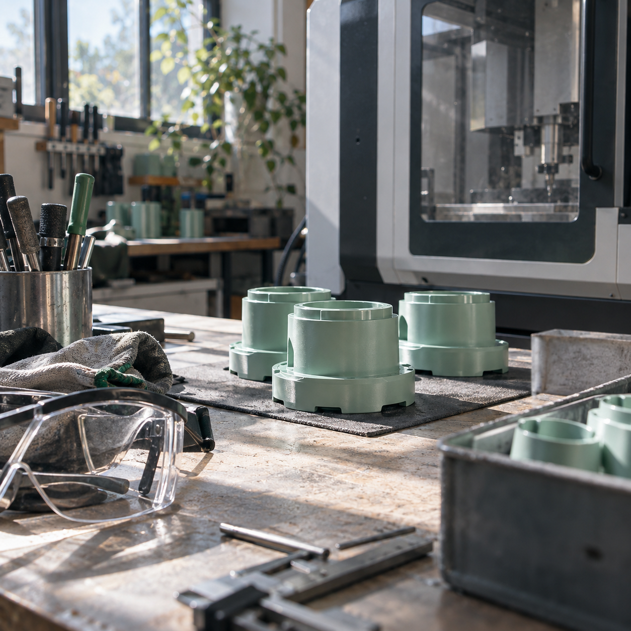 Illustrative scene of light manufacturing workshop: protective equipment, finished unbranded components, a closed compact machine
